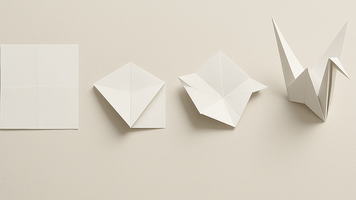 Vier Stadien eines Origami-Krans: von einem ungefalteten weißen Papierquadrat links, über zwei Zwischenstufen mit gefalteten Spitzen, bis hin zu einem fertigen Origami-Kranich ganz rechts.