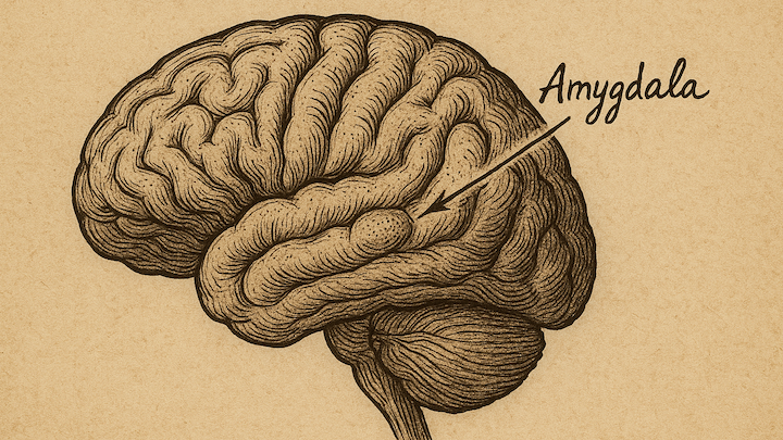 Illustration eines menschlichen Gehirns in Seitenansicht im Stil einer alten medizinischen Zeichnung. Eine handschriftliche Beschriftung mit Pfeil hebt die „Amygdala“ hervor, die tief im inneren Bereich des Temporallappens liegt.
