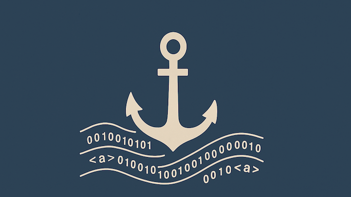 Illustration eines hellen Ankers auf dunkelblauem Hintergrund, umgeben von stilisierten Wellen, die aus Binärcode (0 und 1) und HTML-Link-Tags bestehen.