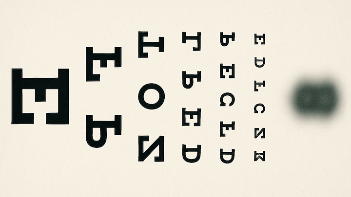 Stilisierter Sehtest mit Reihen großer schwarzer Buchstaben auf beigem Hintergrund. Die Zeichen sind rotiert und spiegelverkehrt, was das Erkennen erschwert. Von links nach rechts werden sie kleiner, bis sie schließlich in einem unscharfen Fleck verschwinden.