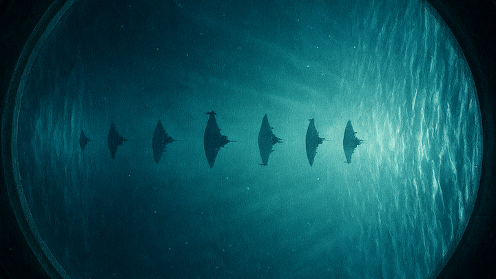 Durch ein rundes Bullauge blickt man in einen gekippten Wasserschacht: Mehrfach gespiegelt erscheint ein Unterseeboot als kleiner werdende Silhouetten, die sich nach beiden Seiten in die Tiefe verlieren.