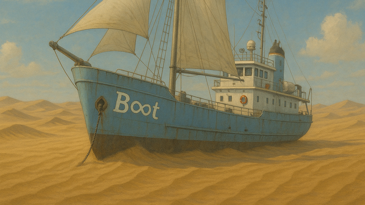 Ein mittelgroßes, leicht abgenutztes Forschungsboot mit blauer Lackierung und weißen Segeln steht scheinbar gestrandet in einer endlosen Wüstenlandschaft. Der Name „Boot“ ist gut sichtbar in weißer Schrift am Bug aufgemalt, wobei das Doppel-o als Unendlichkeitszeichen dargestellt ist. Um das Schiff herum erstreckt sich eine sanft gewellte Dünenlandschaft unter einem blauen Himmel mit vereinzelten Wolken.