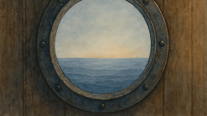 Aquarellartige Illustration eines Bullauges in einer hölzernen Schiffswand. Durch das runde Fenster sieht man einen ruhigen, weiten Ozean unter einem sanft verlaufenden Himmel in zarten Blau- und Orangetönen – möglicherweise bei Sonnenaufgang oder Sonnenuntergang.