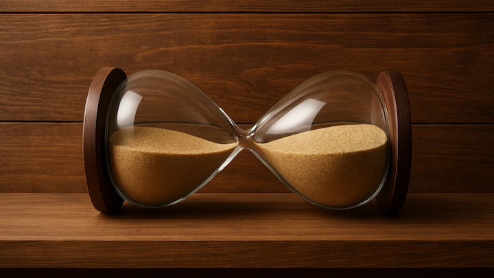 Eine liegende Sanduhr in Form einer Lemniskate, gefüllt mit feinem goldbraunem Sand. Beide Hälften sind gleichmäßig gefüllt, sodass kein Sand rieselt. Die Holzeinfassungen und der Hintergrund bestehen aus warmem Holz.