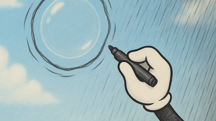 Eine gezeichnete Hand umkreist eine schwebende Seifenblase mit einem Marker – als wollte sie das Zerbrechliche mit einer Linie bewahren, während der Regen schon beginnt, vom Himmel zu fallen.