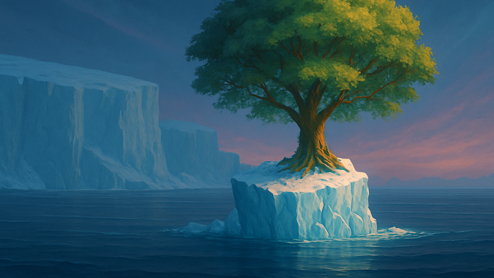 Ein einzelner, üppig grüner Baum wächst auf einem kleinen Eisberg, der ruhig im offenen Meer treibt. Im Hintergrund ragen mächtige Eiswände in den Himmel, der in sanften Blau- und Rosatönen leuchtet.