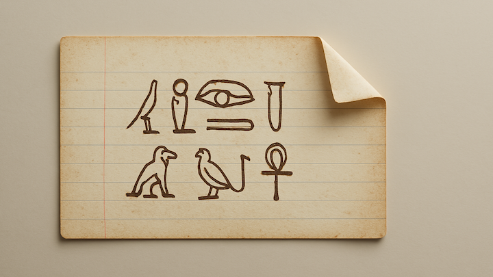 Eine vergilbte, liniierte Notizkarte mit umgeknickter Ecke zeigt handgezeichnete ägyptische Hieroglyphen in zwei Reihen. Zu sehen sind unter anderem ein Vogel, ein Auge, ein Stab, ein sitzender Affe, ein weiterer Vogel und das Anch-Symbol. Die Zeichnungen wirken skizzenhaft und symbolisch.