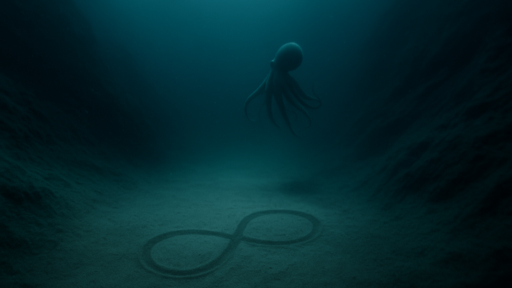 Unterwasseraufnahme in bläulichem Dämmerlicht: Ein Oktopus schwebt frei im Wasser über einem sandigen Meeresboden. In den Sand ist eine große Lemniskate (∞-Symbol) eingeritzt, die sich deutlich vom Untergrund abhebt.