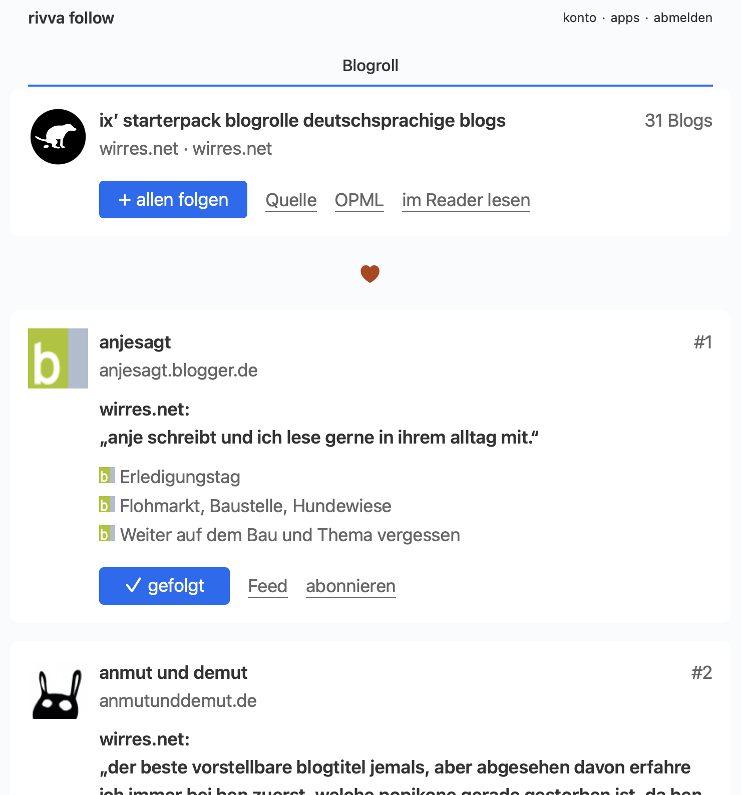 Rivva Follow: Blogroll-Mini-Reader mit einzelnen Blogs, Empfehlungen, aktuellen Beiträgen und Funktionen zum Folgen und Abonnieren.