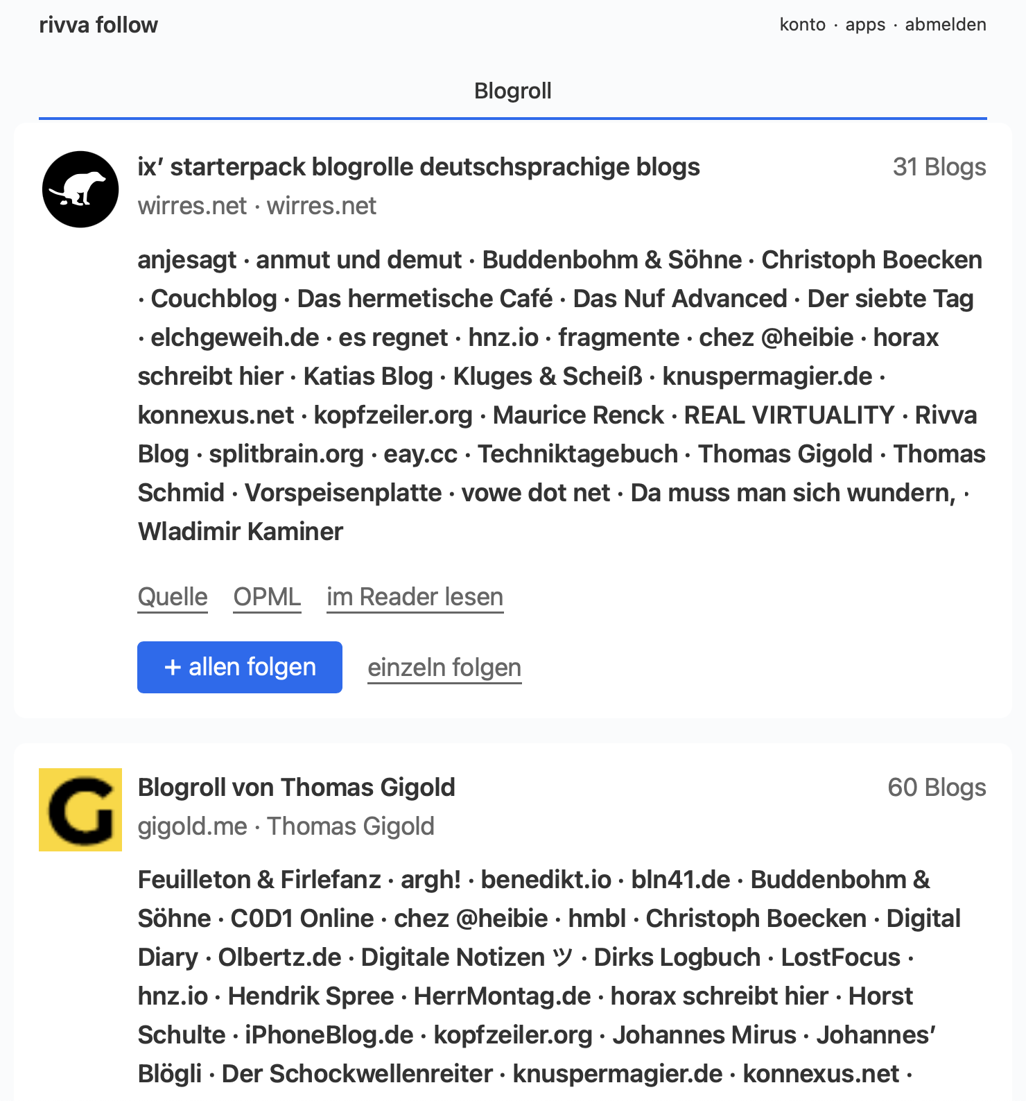 Rivva Follow: Blogroll-Verzeichnis mit Blogroll-Karten, Blognamen, empfohlenen Blogs und Funktionen zum Folgen.