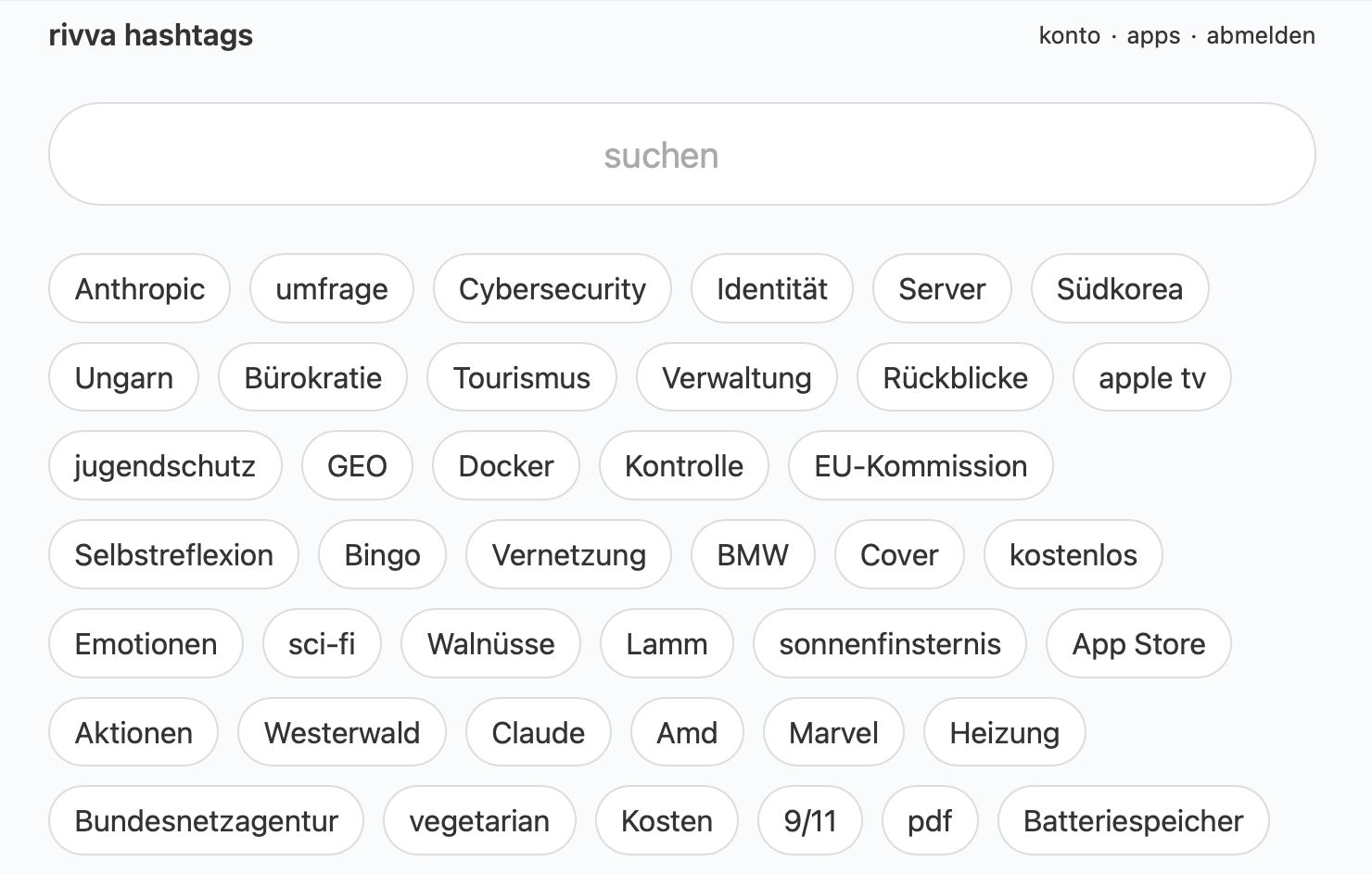 Rivva-Hashtag-Seite mit Suchfeld und einer Auswahl aktueller Hashtags, darunter Anthropic, Umfrage und Cybersecurity.