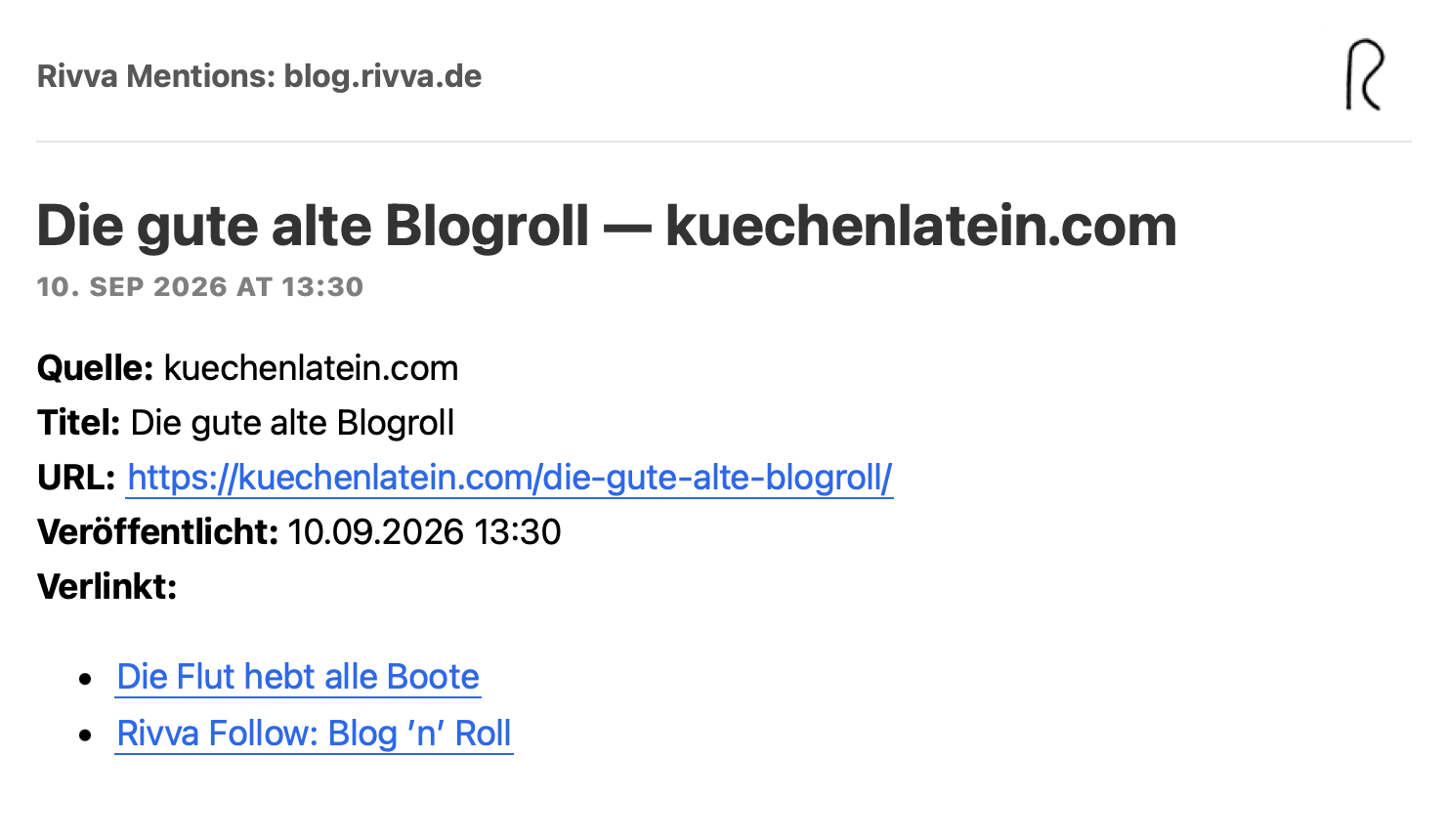 Rivva Mentions zeigt eingehende Links auf eine Website mit Quelle, Titel und verlinkten Artikeln.